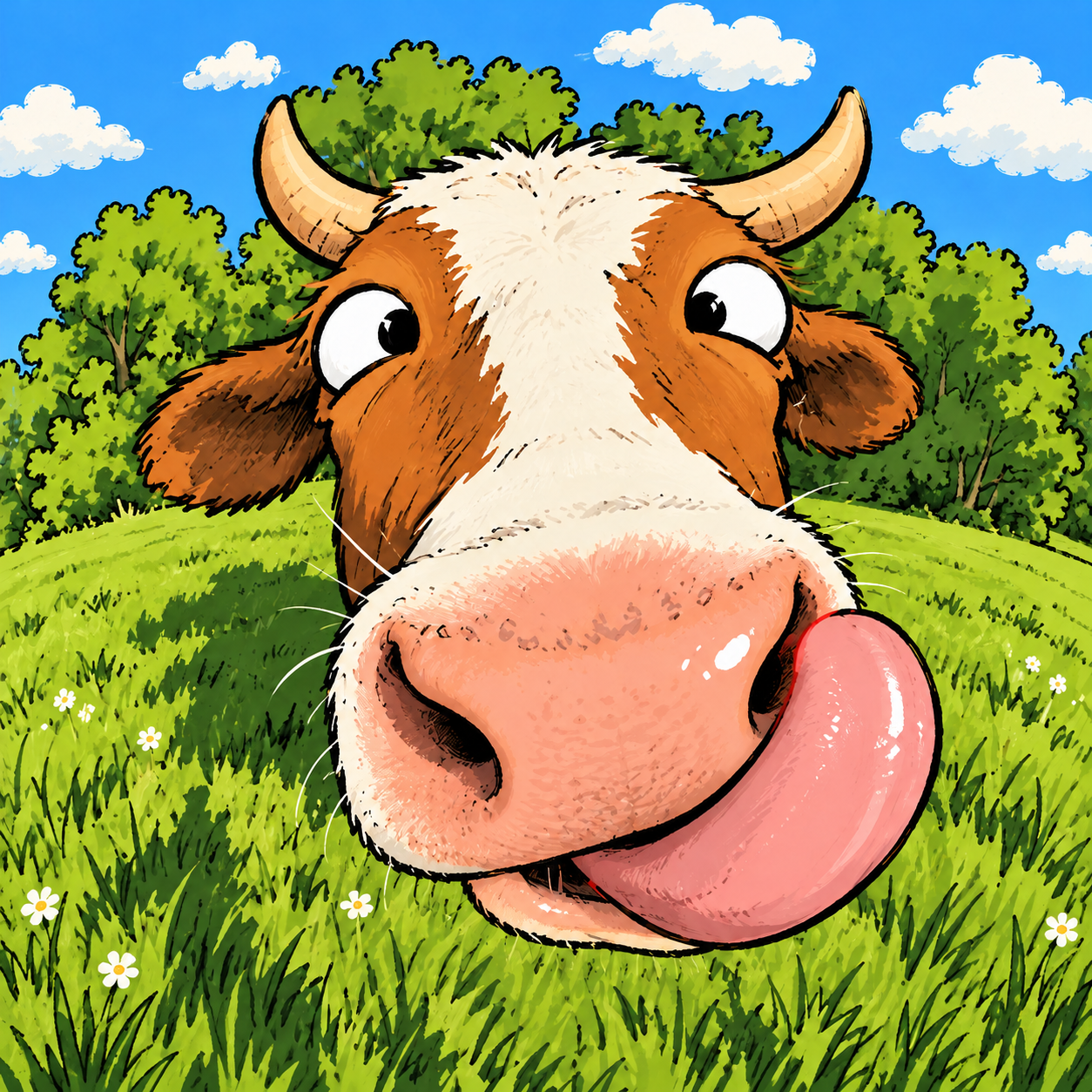 Illustration of a funny cow sticking out her tongue in a sunny green field
